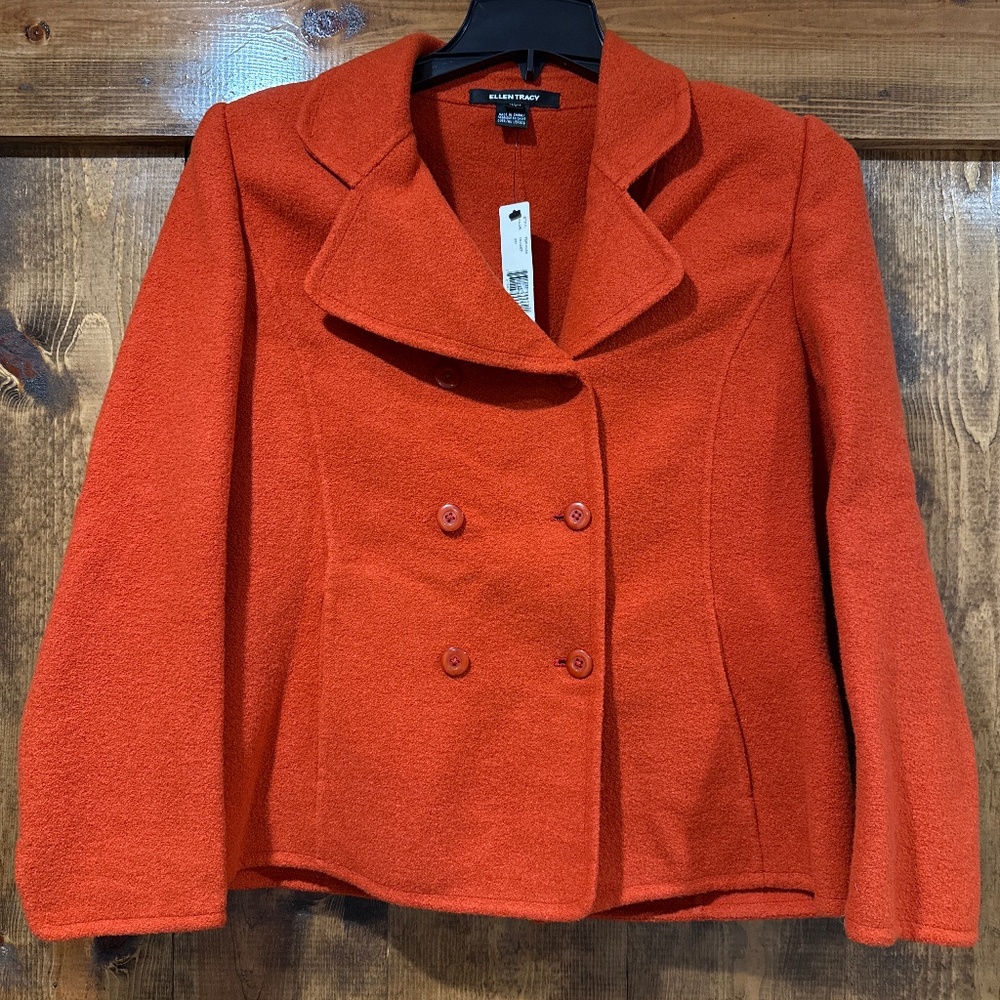 ELLEN TRACY Double Breasted Wool Blend Coat In Orange Size 10 Petite NWT